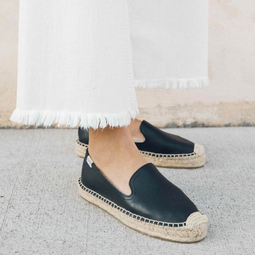 NWOT Soludos Black Leather Espadrille Smoking Slipper 11M